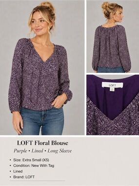 LOFT Purple Floral Paisley V-Neck Blouse XS NWT Lined Long Sleeve